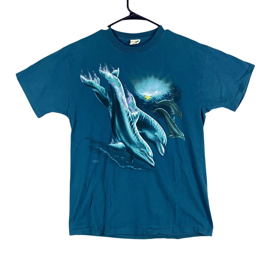Vintage Natural Wonders Dolphin Animal T Shirt Blue Made USA Men Size Large